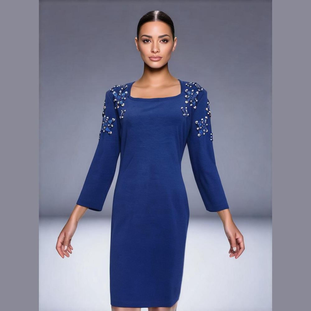 90s OUTLANDER ROYAL BLUE KNIT BODYCON MIDI DRESS & BLUE GEM & PEARL ACCENTS SZ M - Picture 1 of 7